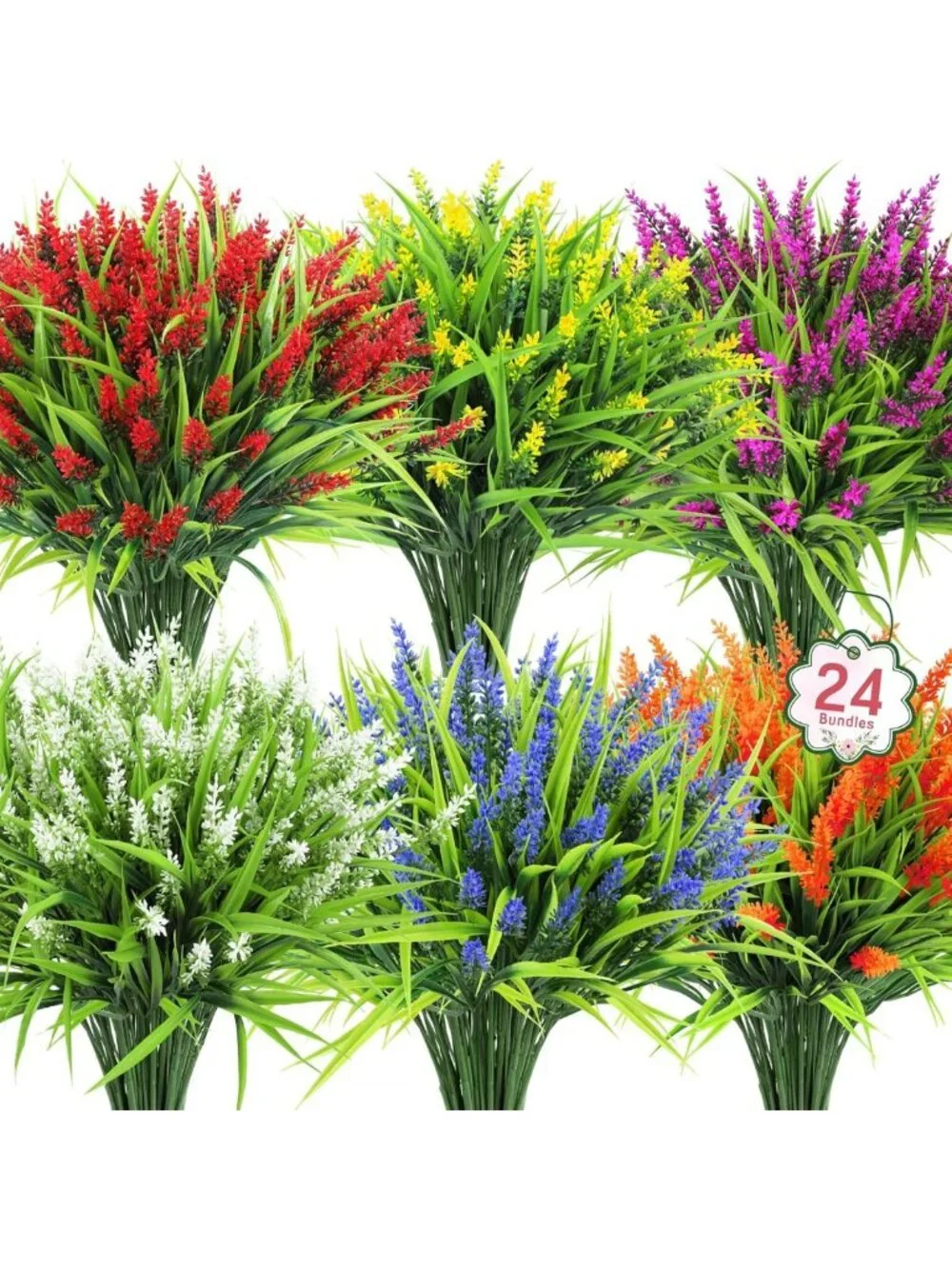 24 Pcs UV Resistant Artificial Lavender & Faux Grass for Home, Garden & Office
